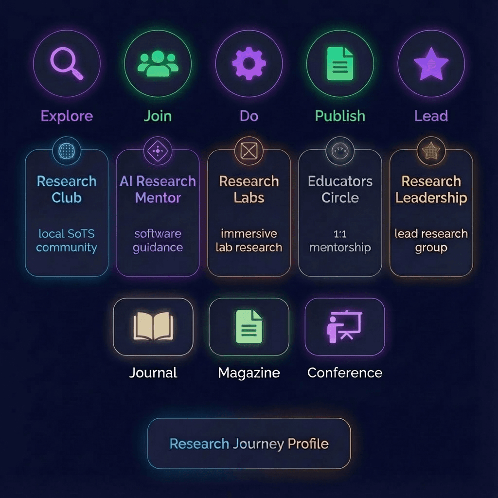 SoTS ecosystem showing the research journey: Explore, Join, Do, Publish, Lead - with programs including Research Club, AI Research Mentor, Research Labs, Educators Circle, and Research Leadership